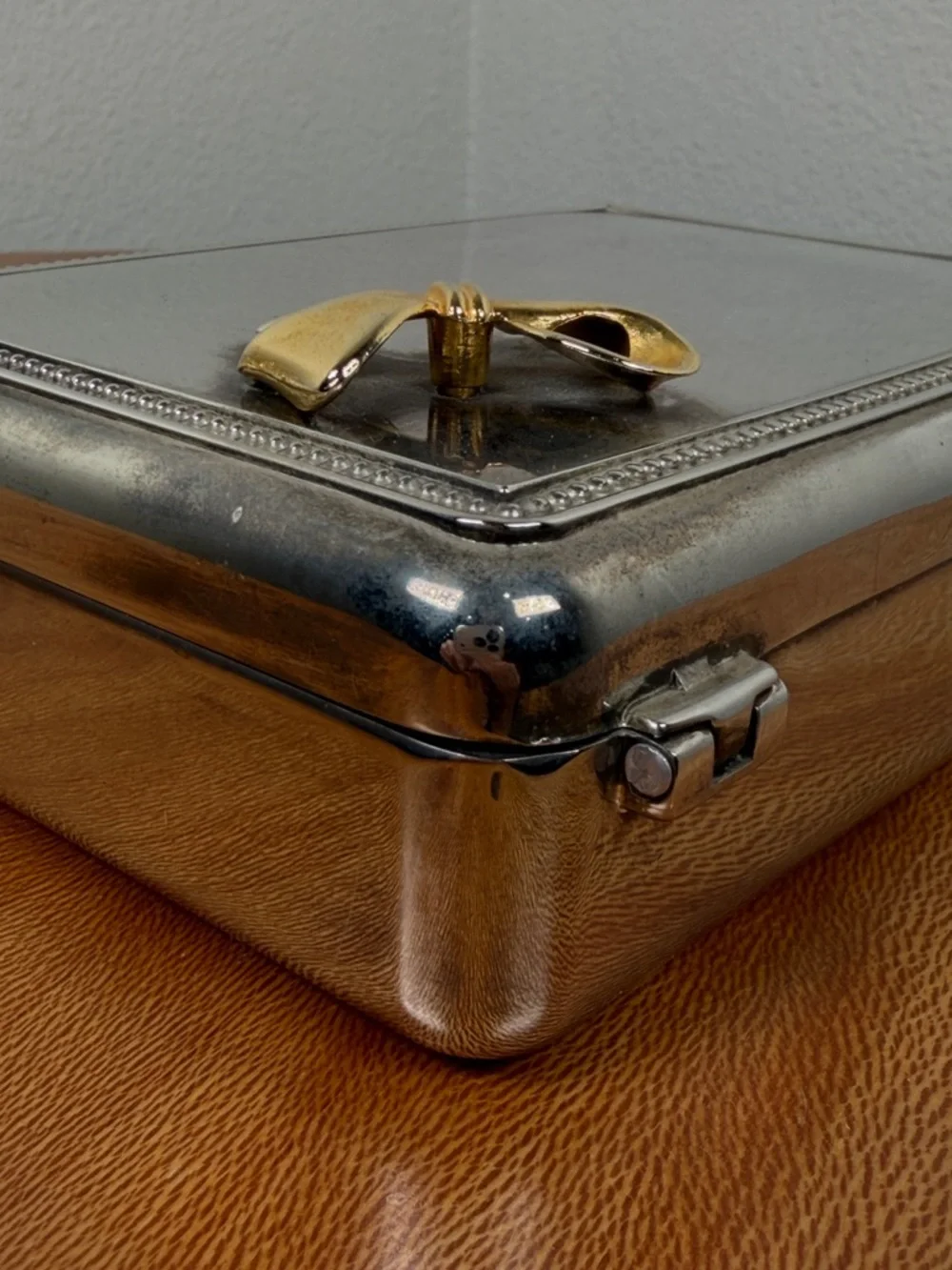 Vintage Silver Plated Jewelry Box w/ Gold Colored Bow Blue Velvet Lined